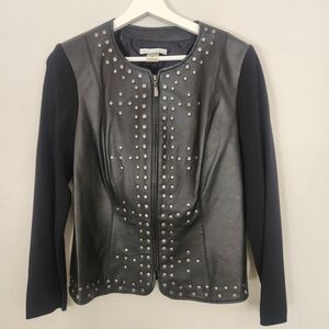 Peter Nygard Black Leather-Accented Bomber Jacket